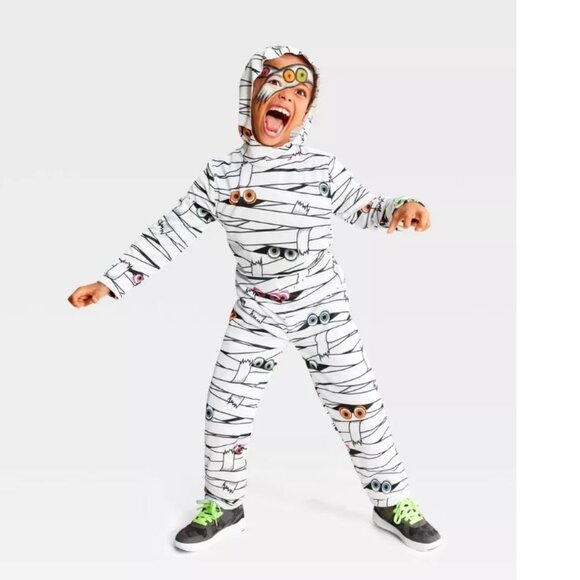 Mummy Halloween Costume 12/14 White Hooded Jumpsuit Unisex Blacklight Responsive - Picture 1 of 5